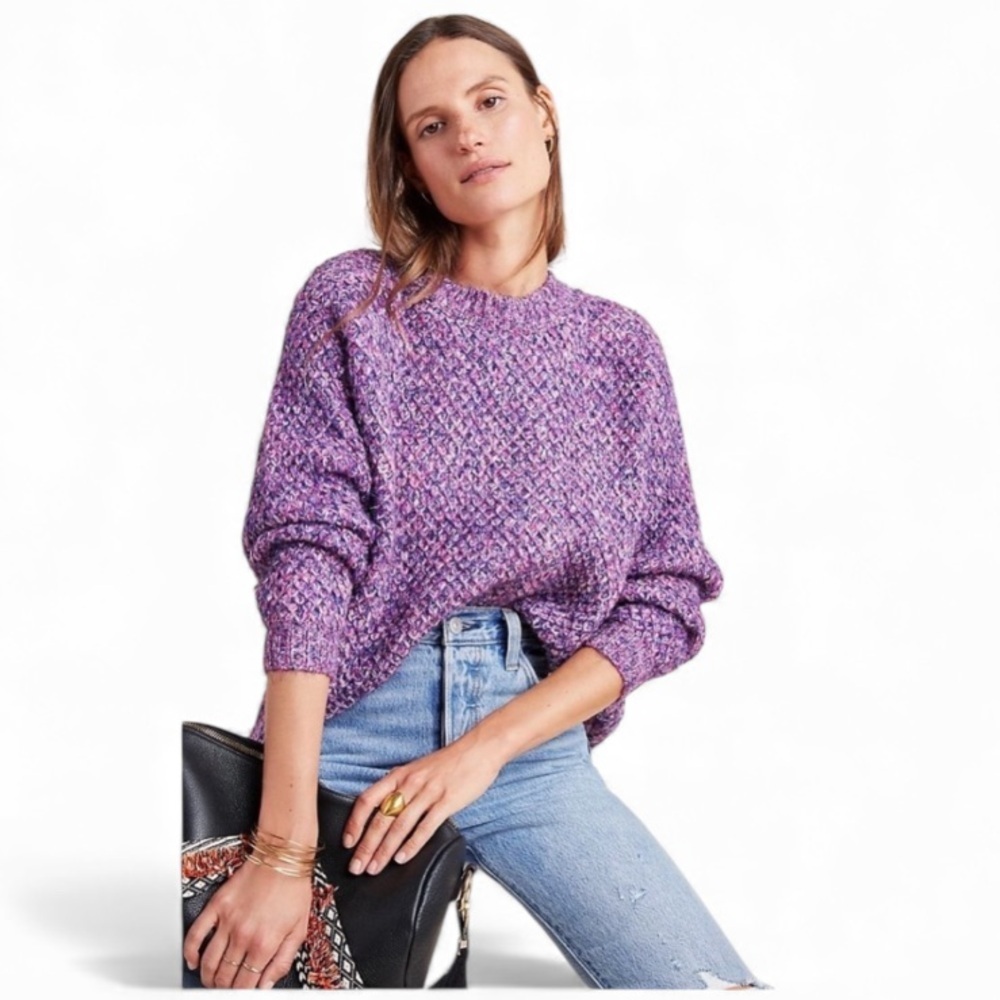 RAGA Anthropologie Rita Women's Metallic Purple Knit Crew Neck  Chunky Sweater